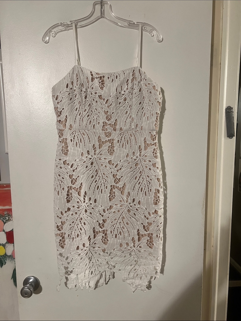 Aqua crochet cream sheath dress. Adjustable spaghetti strap back zip closure